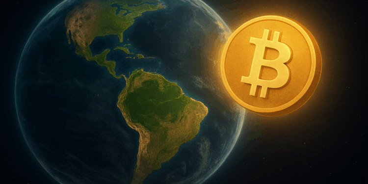 Un globo terráqueo y una moneda de bitcoin en el espácio exterior