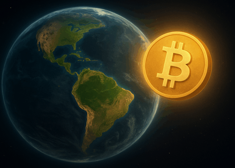 Un globo terráqueo y una moneda de bitcoin en el espácio exterior