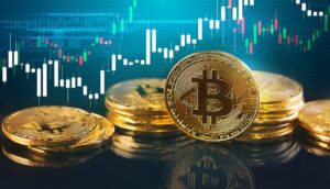 monedas de bitcoin con gráfico de precios en el fondo.