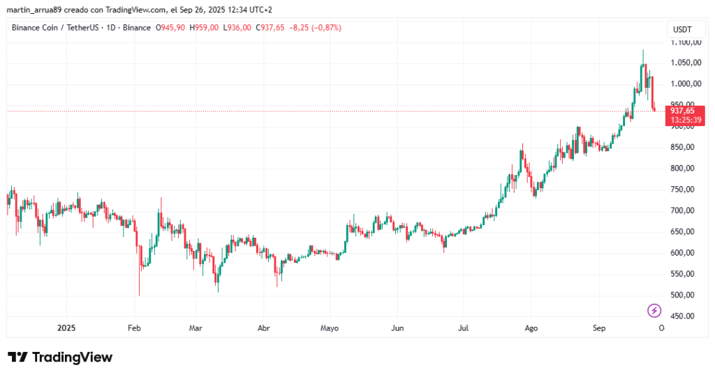 Gráfico de precio de la criptomoneda BNB, entre enero y septiembre de 2025, muestra incremento.
