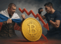Dos personas en actitud de combate. Una tiene una bandera de Rusia, otra el logo de la OTAN. En el medio una moneda de bitcoin.