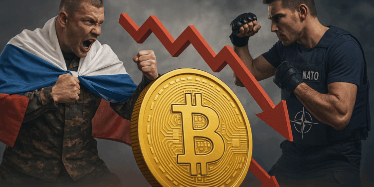 Dos personas en actitud de combate. Una tiene una bandera de Rusia, otra el logo de la OTAN. En el medio una moneda de bitcoin.