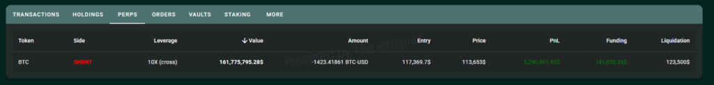 Screenshot de explorador de Hyperliquid donde se ven los beneficios no realizados que tiene el trader.