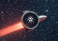 Una moneda azul con el logo de la red Cardano sobre un cohete espacial volando en el universo lleno de estrellas.