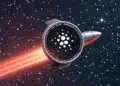 Logo de ADA sobre un cohete en el espacio.