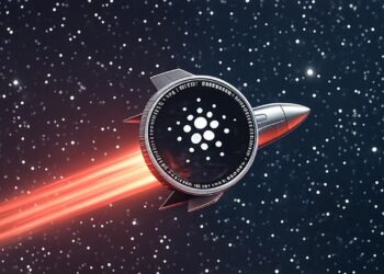 Una moneda azul con el logo de la red Cardano sobre un cohete espacial volando en el universo lleno de estrellas.