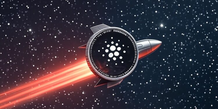 Una moneda azul con el logo de la red Cardano sobre un cohete espacial volando en el universo lleno de estrellas.