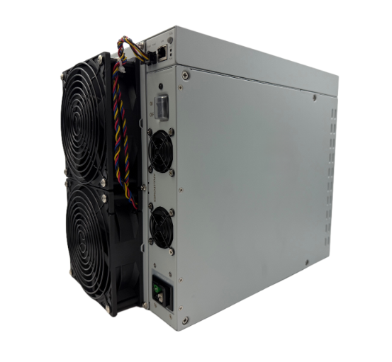 A gray and black ASIC computer used for Bitcoin mining.