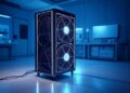 Una computadora simulando un ASIC de criptomonedas en el centro de un laboratorio futurista en tonos azules y celestes.