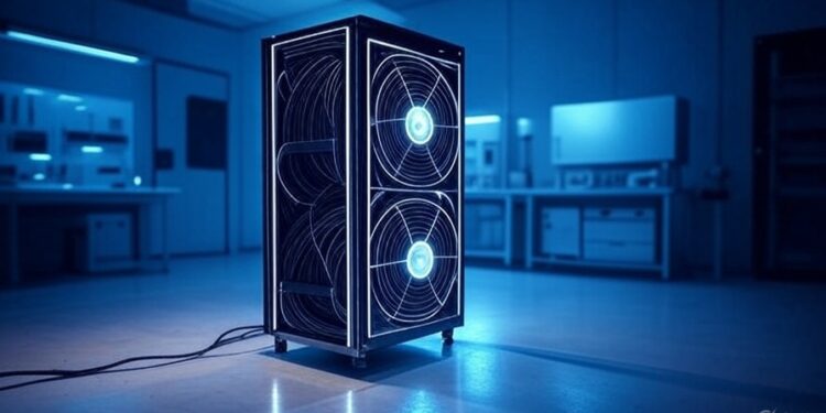 Una computadora simulando un ASIC de criptomonedas en el centro de un laboratorio futurista en tonos azules y celestes.