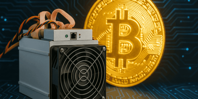 Una moneda dorada brillante de Bitcoin junto a un dispositivo de minería de color gris y negro, con un fondo oscuro tecnológico.