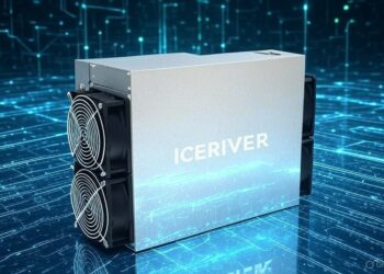 Un equipo electrónico de color blanco dedicado a la minería de criptomonedas. Un fondo de estilo tecnológico de color azul con líneas blancas.