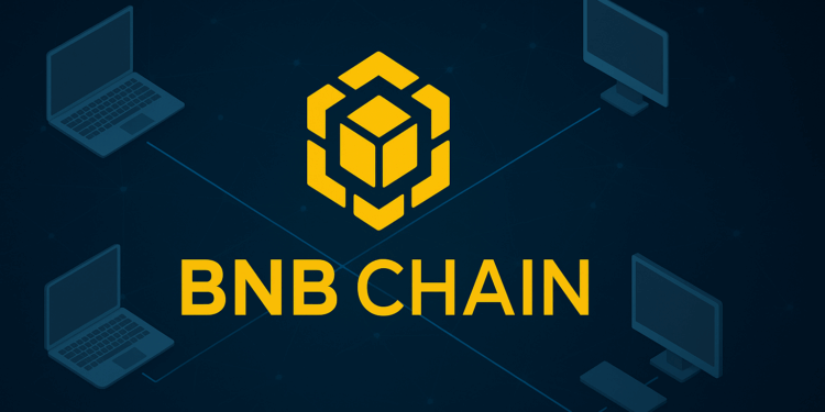 Cuatro computadoras conectadas entre sí por líneas de color celeste con un fondo azul. En el centro el logo de la BNB Chain, en amarillo.