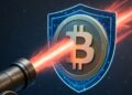 Un cañon emitiendo un rayo de color rojo hacia una moneda de Bitcoin gris cubierta por un escudo celeste, con un fondo azul.