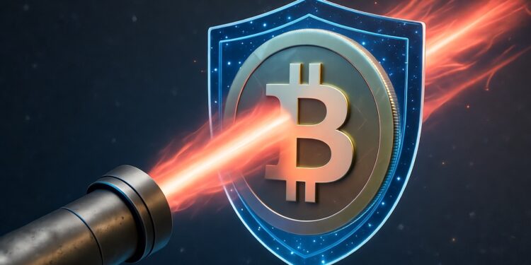 Un cañon emitiendo un rayo de color rojo hacia una moneda de Bitcoin gris cubierta por un escudo celeste, con un fondo azul.