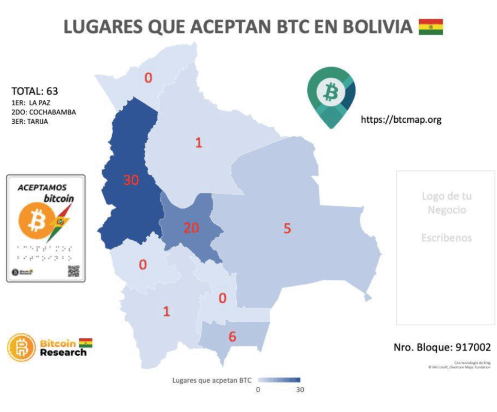 Mapa de Bolivia en color azul indicando los sitios donde se acepta bitcoin