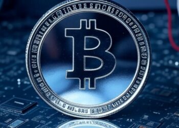 Grok: genera una imagen de una moneda de BTC cubierta por un manto opaco. Añade un fondo tecnológico, simulando el interior de una computadora. El formato debe ser 16:9