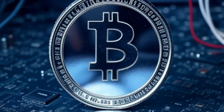 Grok: genera una imagen de una moneda de BTC cubierta por un manto opaco. Añade un fondo tecnológico, simulando el interior de una computadora. El formato debe ser 16:9