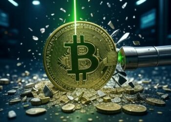 Una moneda de Bitcoin dorada siendo atacada por un rato verde y estrellándose contra el piso. de fondo, un laboratorio de color azul oscuro.