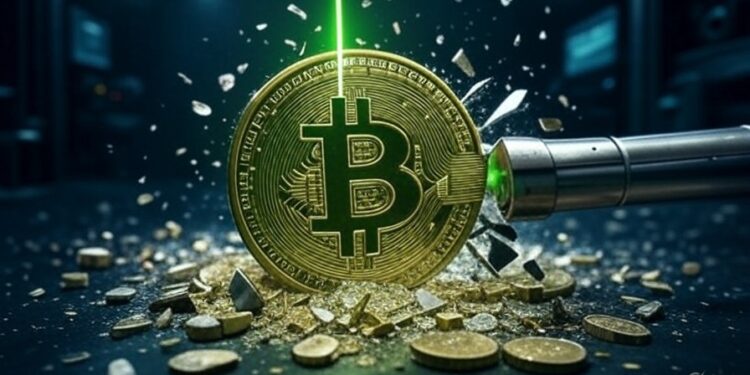 Una moneda de Bitcoin dorada siendo atacada por un rato verde y estrellándose contra el piso. de fondo, un laboratorio de color azul oscuro.