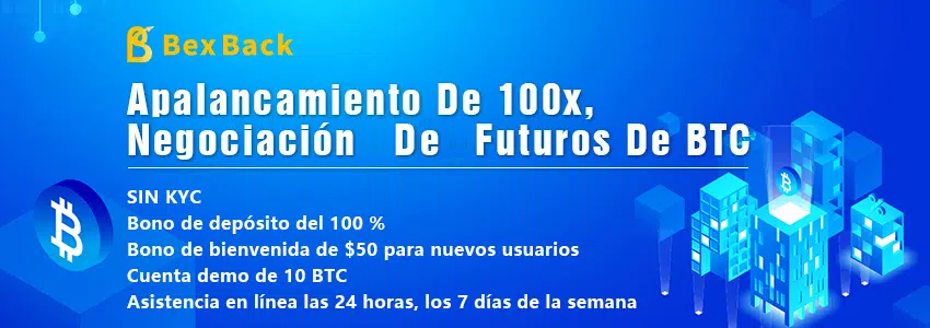 Pancarta promocional del apalancamiento 100x con una moneda de bitcoin en color azul.