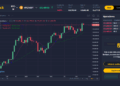 Grafico de precio de bitcoin sobre fondo negro.