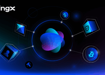 Imagen digital con el logo de BingX al fondo y símbolos de BTC, ETH, dólar y USDT conectados entre sí con efectos azules y púrpuras.