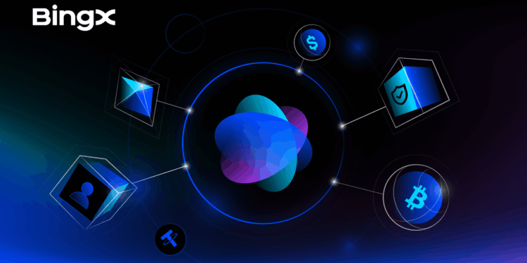 Imagen digital con el logo de BingX al fondo y símbolos de BTC, ETH, dólar y USDT conectados entre sí con efectos azules y púrpuras.