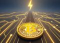 Una moneda dorada brillante de bitcoin viajando por una autopista de color gris con luces amarillas hacia un rayo amarillo.