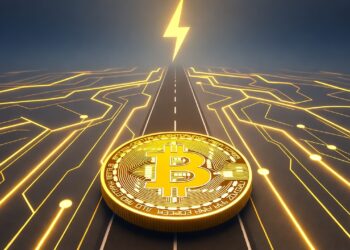 Una moneda dorada brillante de bitcoin viajando por una autopista de color gris con luces amarillas hacia un rayo amarillo.