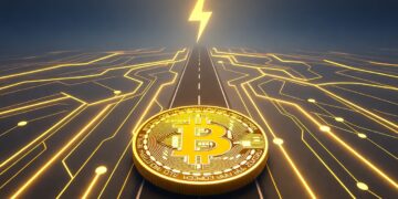 Una moneda dorada brillante de bitcoin viajando por una autopista de color gris con luces amarillas hacia un rayo amarillo.