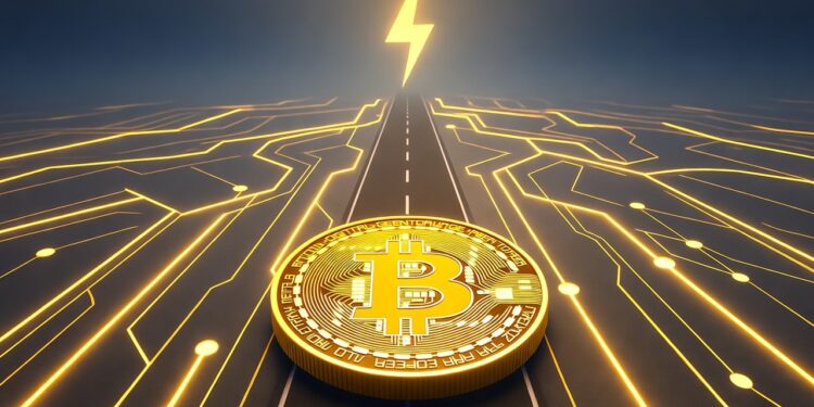 Una moneda dorada brillante de bitcoin viajando por una autopista de color gris con luces amarillas hacia un rayo amarillo.