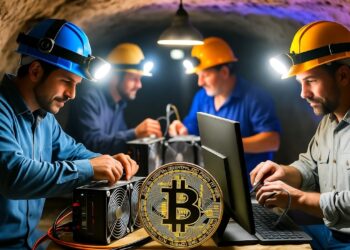 Hombres trabajando en una cueva minera junto a computadoras y una moneda de Bitcoin dorada.