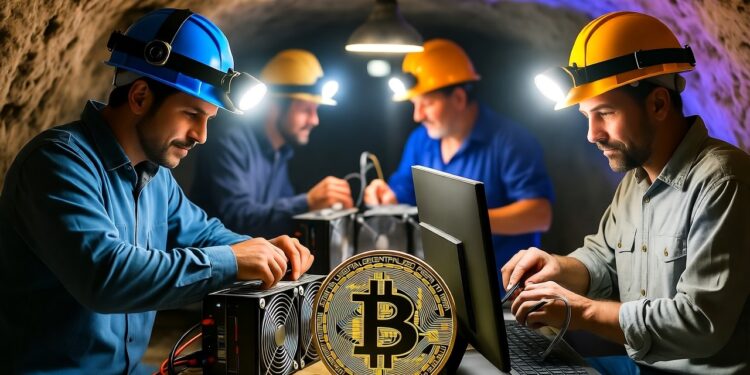 Hombres trabajando en una cueva minera junto a computadoras y una moneda de Bitcoin dorada.