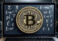 Una computadora con una moneda de bitcoin en su pantalla y signos matemáticos y físicos en color amarillo.