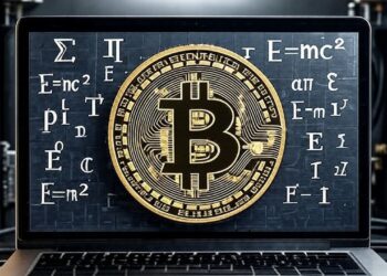 Una computadora con una moneda de bitcoin en su pantalla y signos matemáticos y físicos en color amarillo.