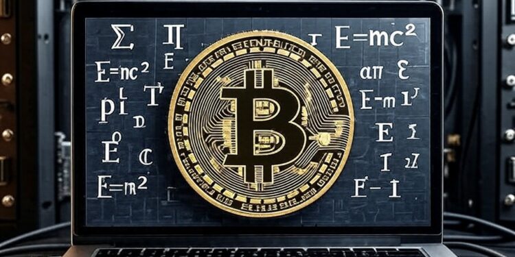 Una computadora con una moneda de bitcoin en su pantalla y signos matemáticos y físicos en color amarillo.