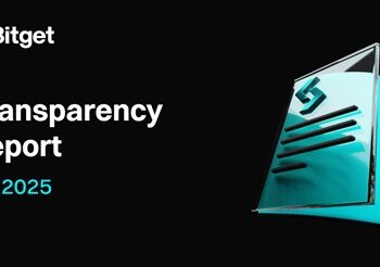 En fondo negro y con el logo de Bitget en blanco, el texto resalta el Informe de transparencia de Bitget Q3 2025, a la derecha el símbolo de análisis financiero en color azul.