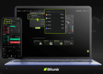Laptop y celular, muestran la interfaz de Futuros Perpetuos Coin-M de Bitunix. Sobre fondo oscuro con velas difuminadas.