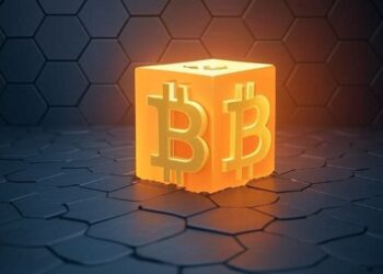 Un bloque brillante con dos logos "B" de Bitcoin. De fondo, una estructura de colo negro, similar a un panal de abejas.