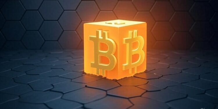 Un bloque brillante con dos logos "B" de Bitcoin. De fondo, una estructura de colo negro, similar a un panal de abejas.
