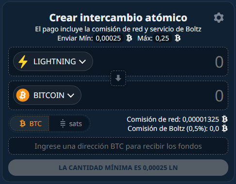 Interface, blue and white letters, of a website that offers exchanges on the Bitcoin network.