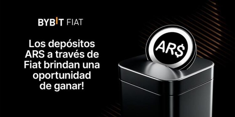 Logo de Bybit Fiat en fondo negro, moneda física negra con bordes plateados y símbolo AR$ sobre una base metálica.