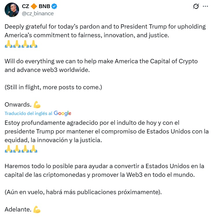 Agradecimiento de CZ a Trump por su indulto.