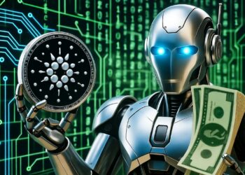 Una mano robótica plateada sosteniendo una moneda dorada de Cardano junto a billetes de dólar y un fondo de estilo película Matrix verde.