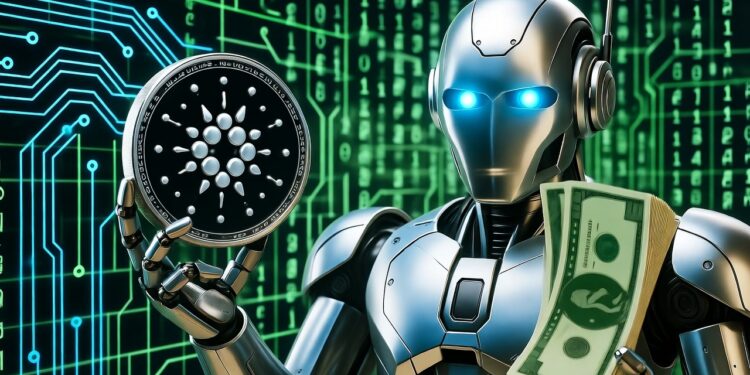 Una mano robótica plateada sosteniendo una moneda dorada de Cardano junto a billetes de dólar y un fondo de estilo película Matrix verde.
