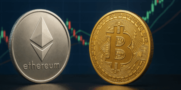 Monedas físicas de ether y bitcoin colocadas una al lado de la otra sobre un fondo bursátil con gráficos ascendentes, simbolizando la competencia y la brecha de valoración entre ambas criptomonedas.