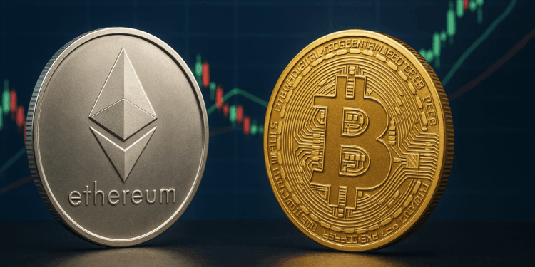 Monedas fรญsicas de ether y bitcoin colocadas una al lado de la otra sobre un fondo bursรกtil con grรกficos ascendentes, simbolizando la competencia y la brecha de valoraciรณn entre ambas criptomonedas.