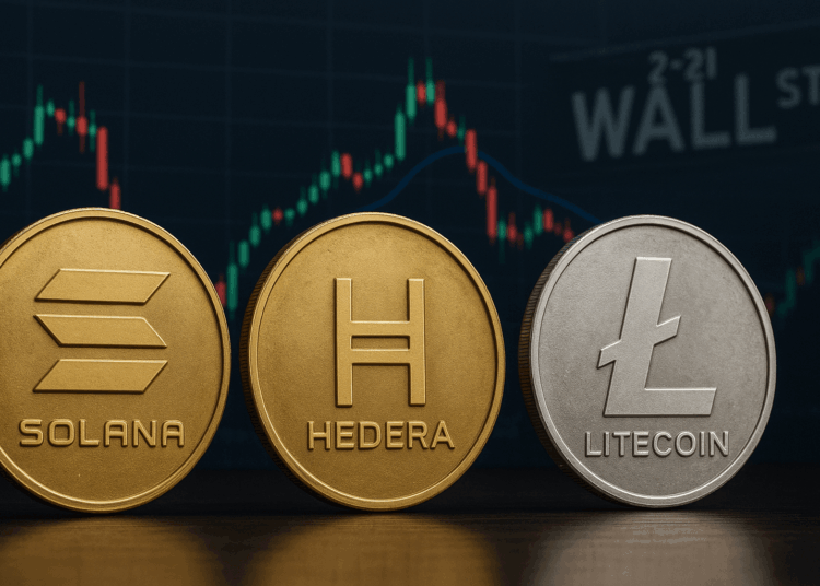 Tres monedas físicas de solana, hedera y litecoin en primer plano con un fondo de gráfico de precios con el nombre Wall Street en el lado derecho.