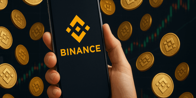 Una mano sostiene un teléfono móvil que muestra el logotipo amarillo de Binance en pantalla, mientras a su alrededor flotan múltiples monedas doradas con el mismo símbolo. De fondo se observan gráficos bursátiles con velas rojas y verdes, evocando la dinámica del mercado de criptomonedas.